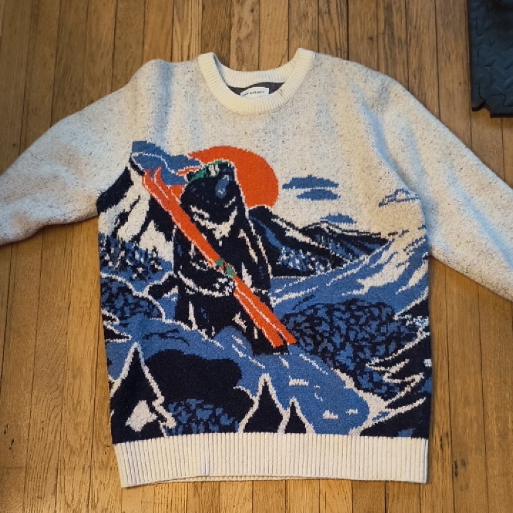 Cream and Blue Crewneck Sweater with Mountain Design